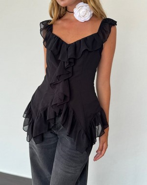 Motel Rocks Glaiza Ruffle Cami Tanktop Dames Zwart | USU473VG