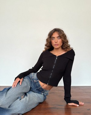 Motel Rocks Radia Long Sleeve Off-shoulder Zip Through Jumpers Dames Zwart | XAZ592UY