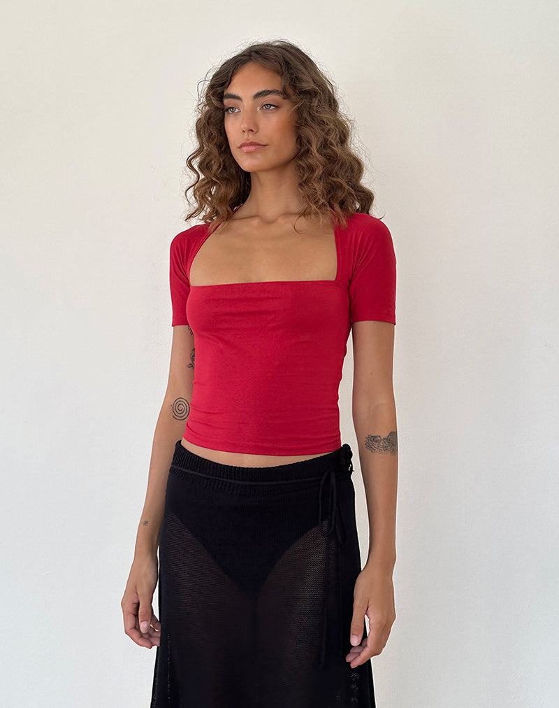 Motel Rocks Requa Kort Sleeve Square Neck Bijgesneden Tops Dames Rood | IUP9624AA